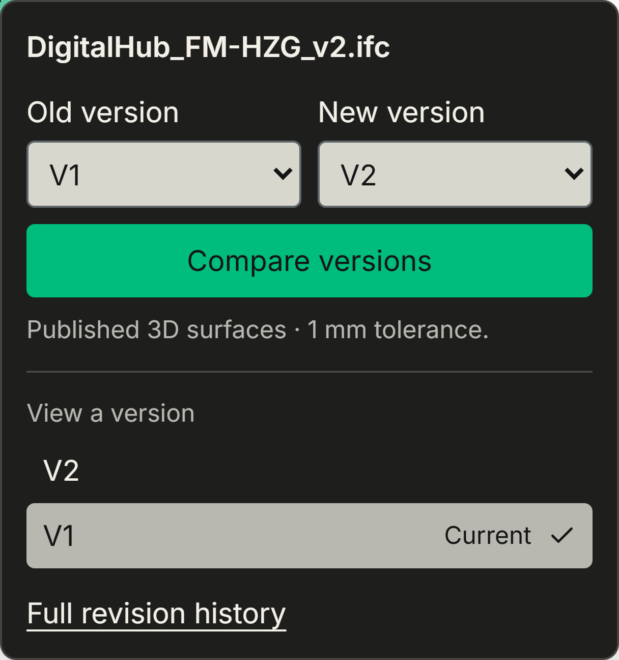 INVARRI revision selector with V1 and V2 selected for comparison.