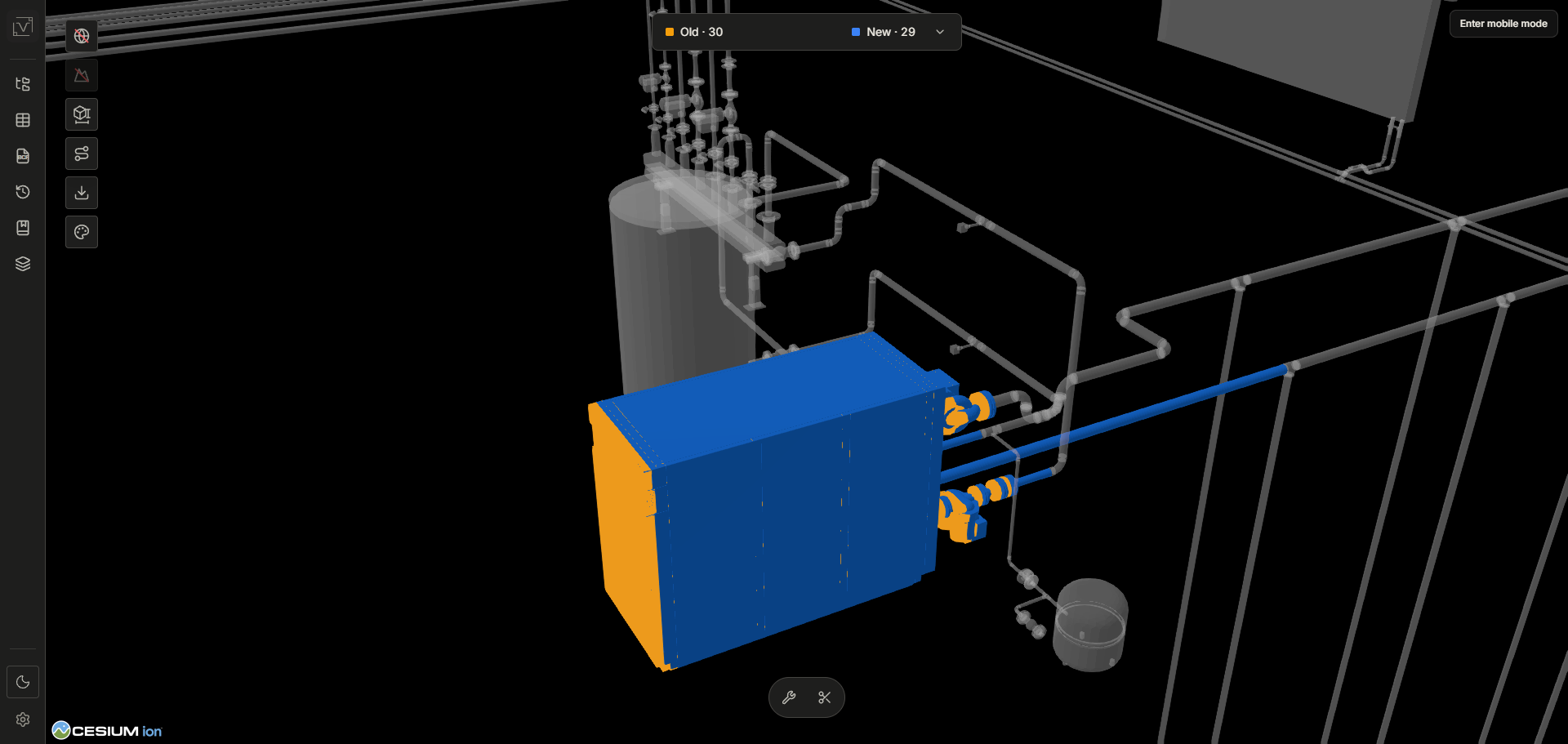An INVARRI model comparison showing old geometry in orange and new geometry in blue within the surrounding pipework.
