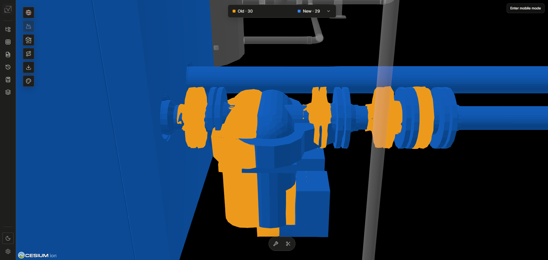 A close-up of changed pipe connections, with the old and new model geometry overlaid in orange and blue.